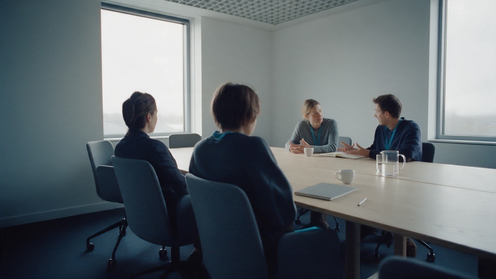 A small team mid-conversation around a conference table, notebook open, no one facing the camera