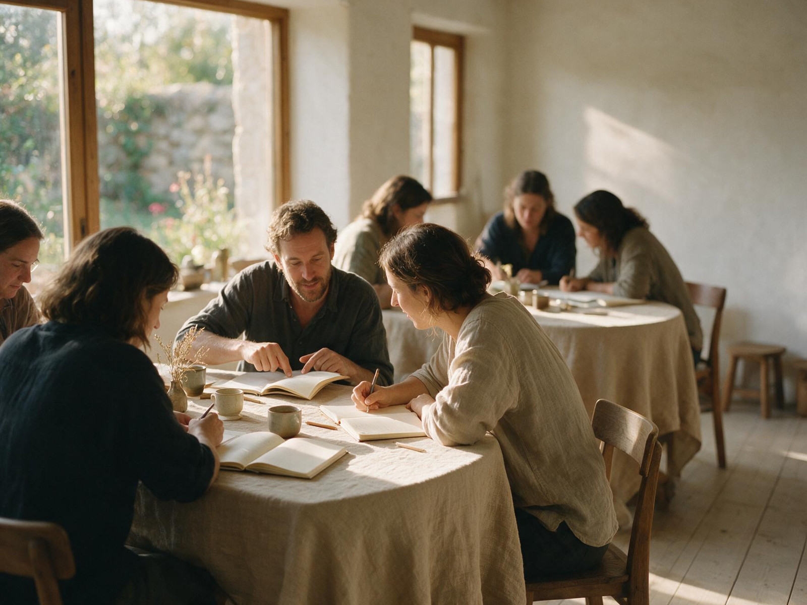 Small groups working at round tables during a workshop